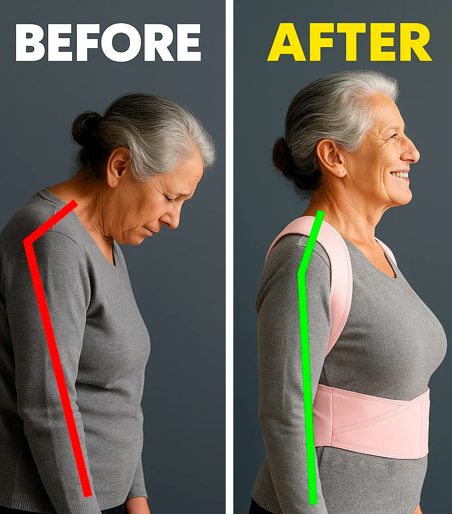 Before and after using Aligno posture trainer showing improved back posture