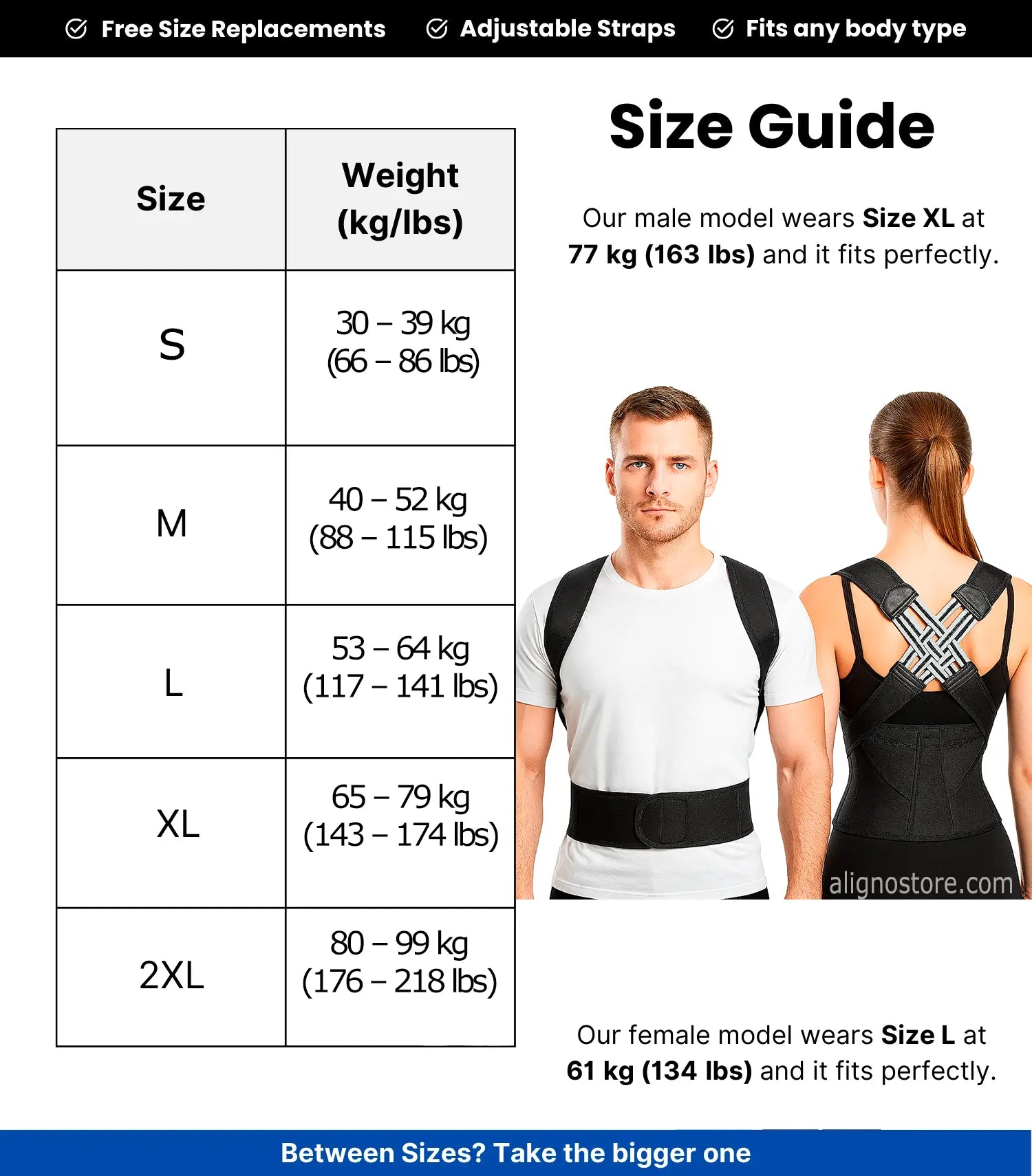 Size Guide for ALIGNO™ Posture Trainer - Aligno. Size guide chart with weight ranges in kilograms and pounds for sizes S to 2XL. Male model wearing white shirt and black posture trainer, female model in black posture trainer with crisscross straps